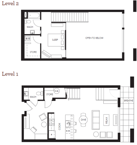 Floor plan for 1 bed, 1.5 baths, 1073 sqft